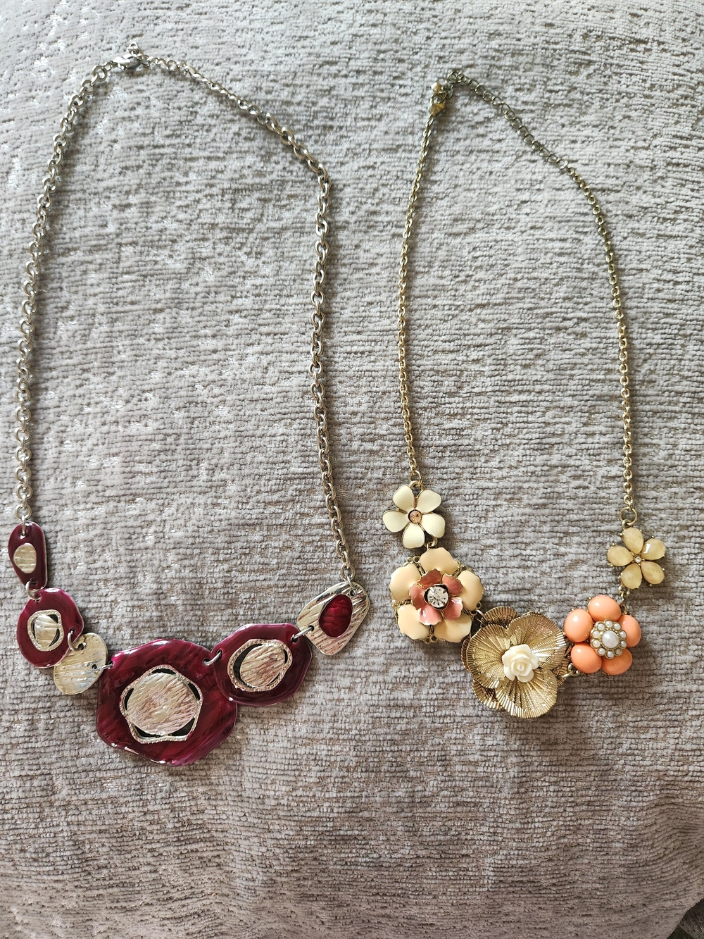 Floral Statement Necklace with Peach and Cream Accents and Purple Pendent Necklc